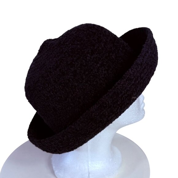 Arlin Black Fuzzy Bucket Hat Fuzzy Boucle Wide Rolled Brim Plush Winter VTG - Picture 2 of 8